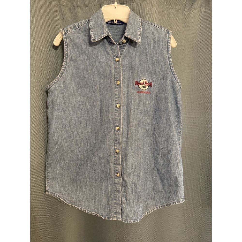 VNTG Hard Rock Cafe Honolulu sleeveless‎ Women's denim button up shirt Large